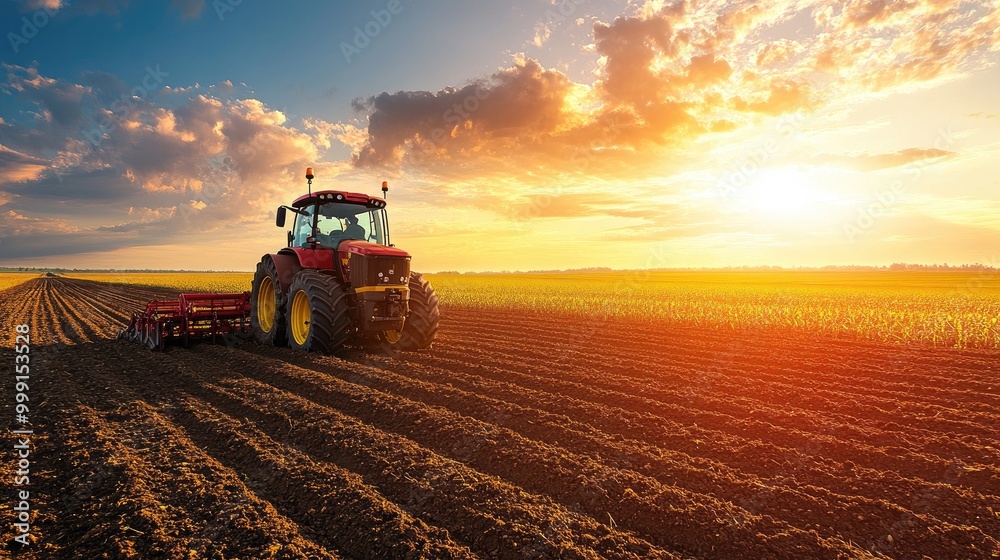 Fototapeta premium A tractor in action, tilling the soil of a large farm field, with a sunset casting long shadows on the crops and equipment.