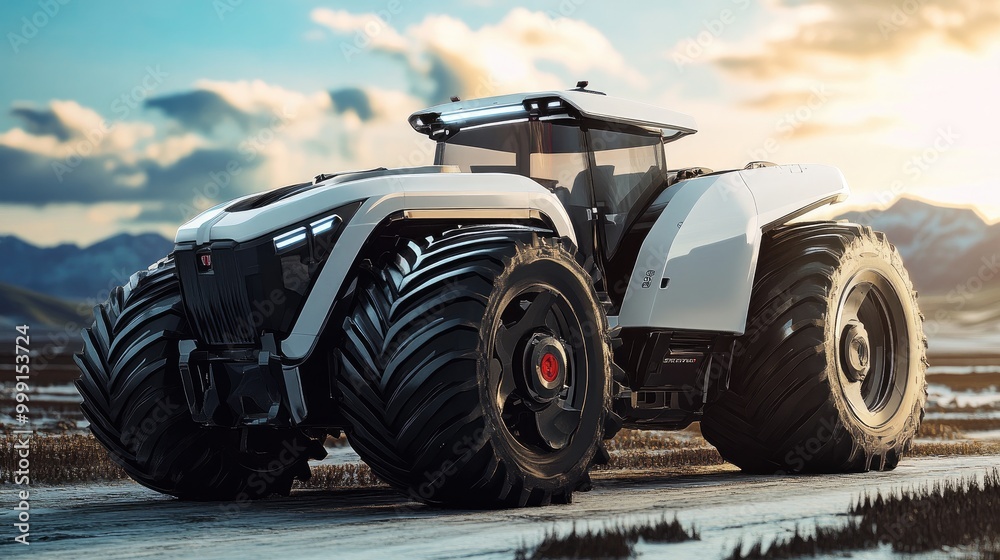 An ultra-modern 3D tractor design with sleek lines and robotic features, working in a futuristic farm setting.