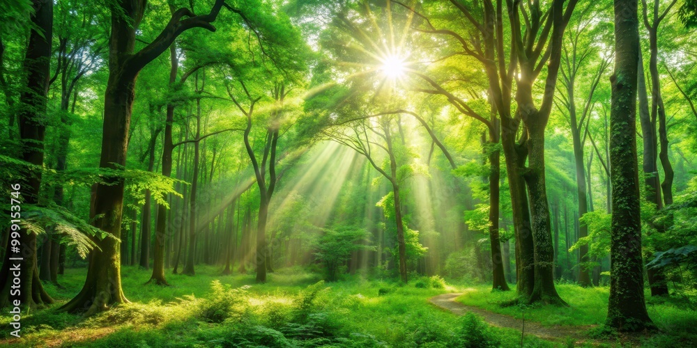 Fototapeta premium Background of lush green forest with sunlight filtering through the trees, nature, plants, trees, sunlight