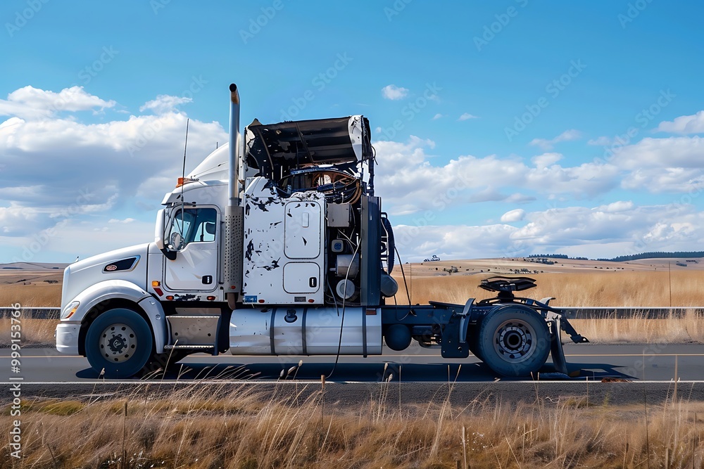 Fototapeta premium Road accident big rig semi truck on the side of highway