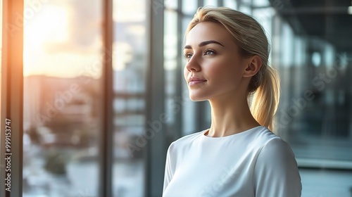 Free Download Woman Gazing Thoughtfully at Sunrise in Modern Office - GFXLoad