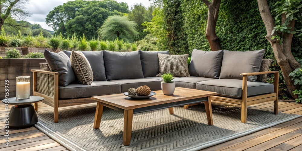 Cozy outdoor seating area with black and gray couch, brown pillows, wood chair, and coffee table, outdoor, cozy, seating area, black Cozy outdoor seating area with black and gray couch, brown pillows, wood chair, and coffee table, outdoor, cozy, seating area, black