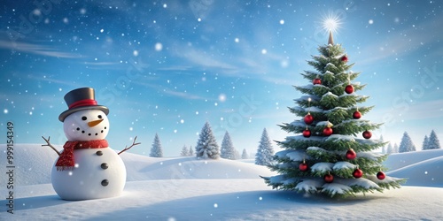 Snowman and Christmas tree in a snowy winter landscape, snowman, Christmas tree, winter, holiday, snow, festive, decoration