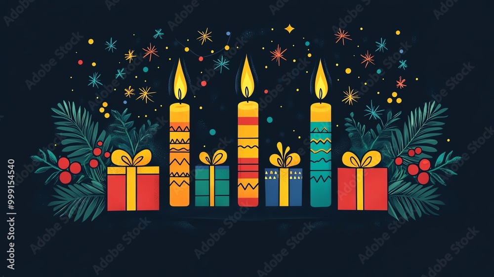 Kinara candles glowing with gifts and cultural symbols around, designed in flat style, Kwanzaa Day, Celebration of heritage Kinara candles glowing with gifts and cultural symbols around, designed in flat style, Kwanzaa Day, Celebration of heritage