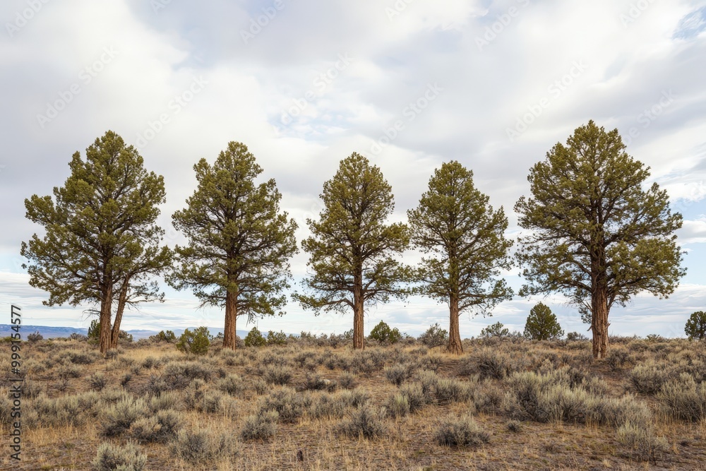 Scenic landscape with pine trees in a field