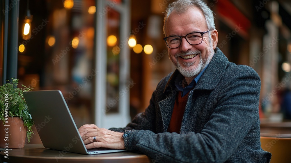 Smiling Man Working on Laptop in a Cafe Setting Smiling Man Working on Laptop in a Cafe Setting