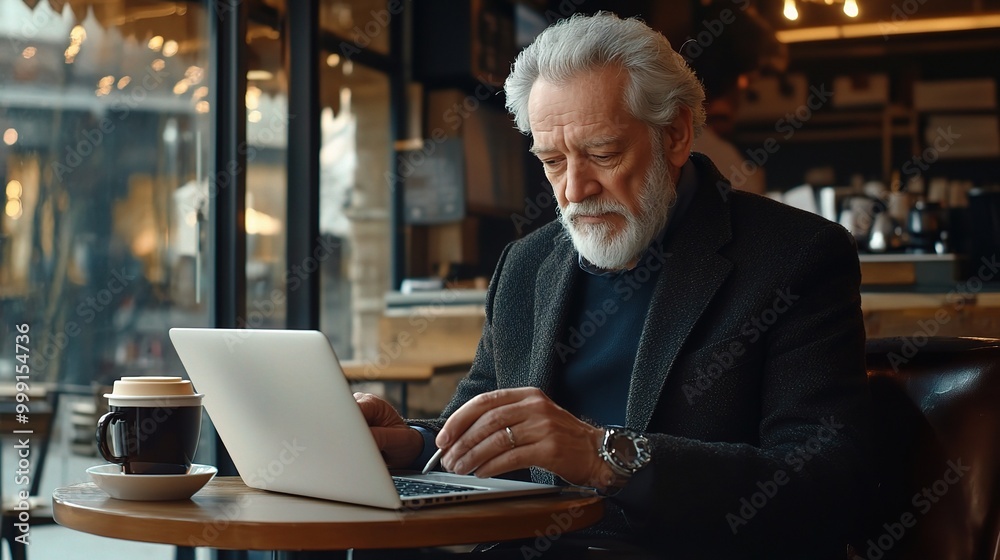 Senior Man Working on Laptop in Cozy Cafe Setting Senior Man Working on Laptop in Cozy Cafe Setting