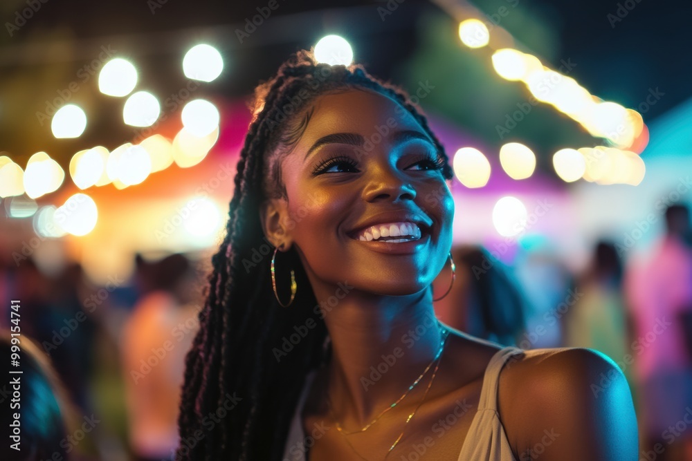 Surrounded by colorful lights, a smiling black woman in casual festival wear enjoys the energy of the night, exuding confidence and happiness. Surrounded by colorful lights, a smiling black woman in casual festival wear enjoys the energy of the night, exuding confidence and happiness.
