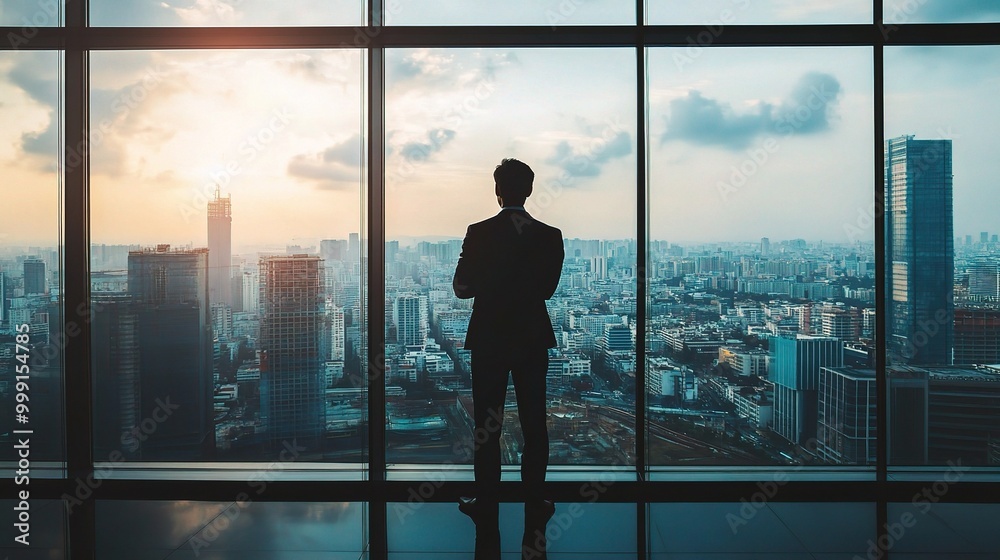 Businessman Silhouette Against City Skyline at Sunset Businessman Silhouette Against City Skyline at Sunset