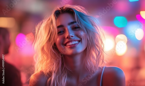 a blonde woman with vibrant neon lighting, featuring a mix of pink and blue hues. The smoke effects around her create a dreamy and fantasy-like atmosphere.