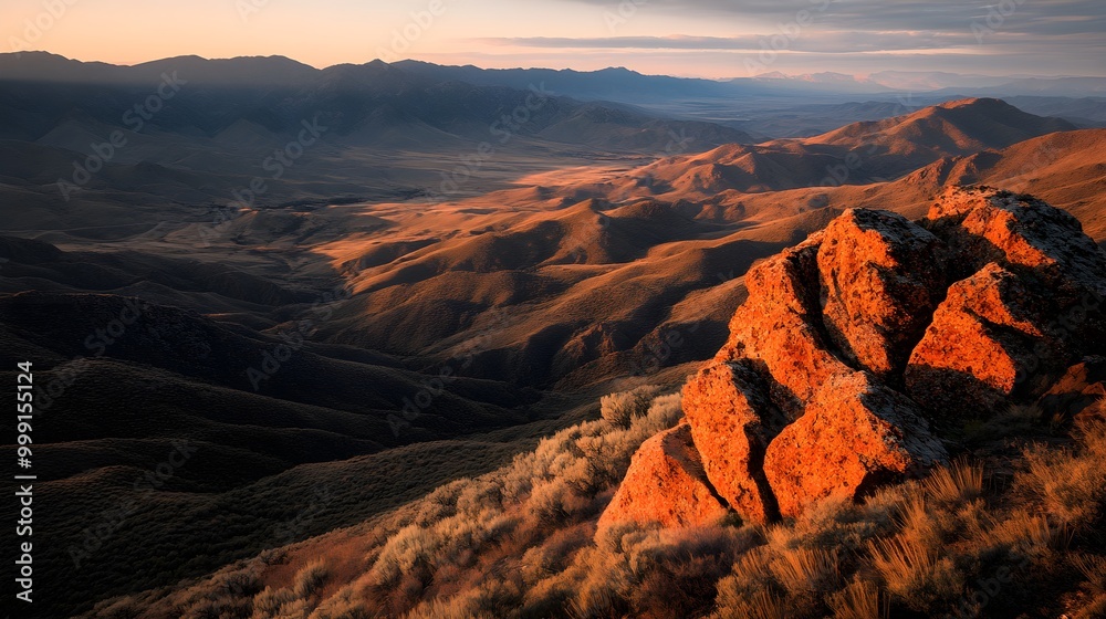 Obraz premium Golden Hour in the Desert: Majestic Mountain Range with Warm Sunset Light