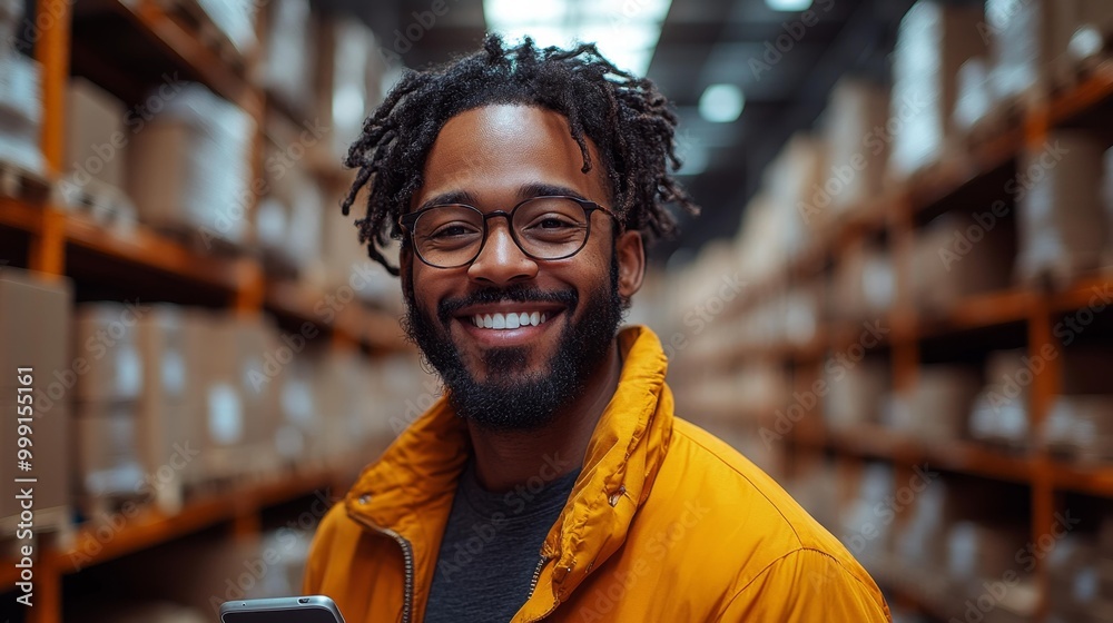 Portrait of Smiling Warehouse Worker with Glasses Generative AI Portrait of Smiling Warehouse Worker with Glasses Generative AI