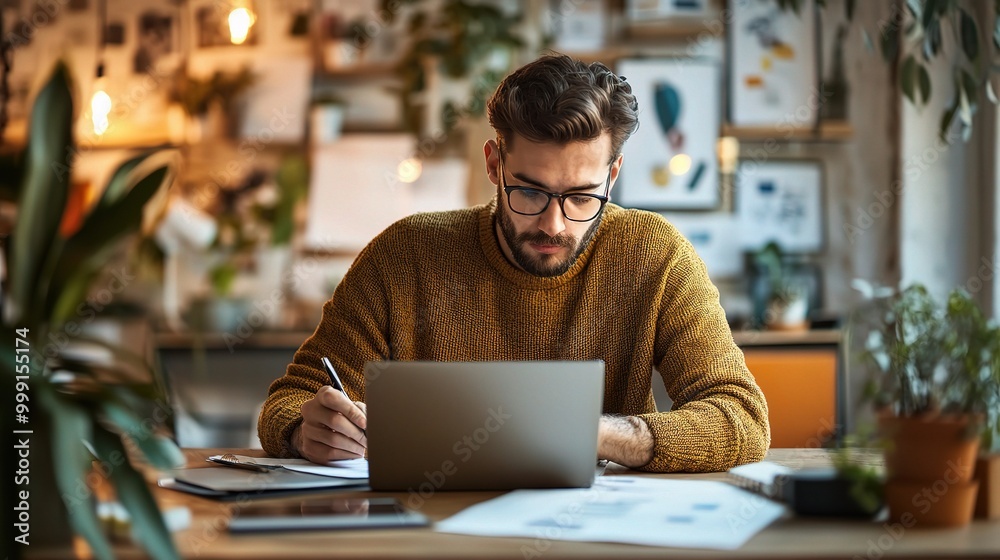 Young Man Working at Home Office with Laptop Young Man Working at Home Office with Laptop