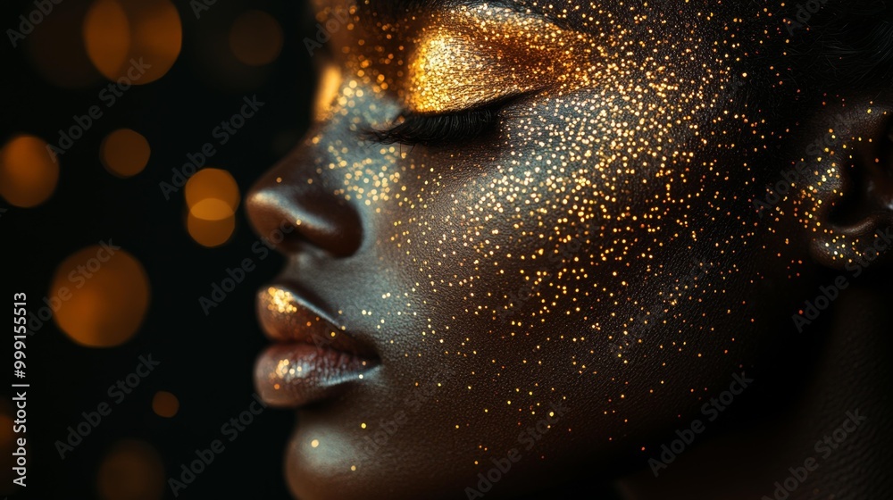 Close-up of a woman's face with shimmering gold makeup and glitter particles Generative AI Close-up of a woman's face with shimmering gold makeup and glitter particles Generative AI