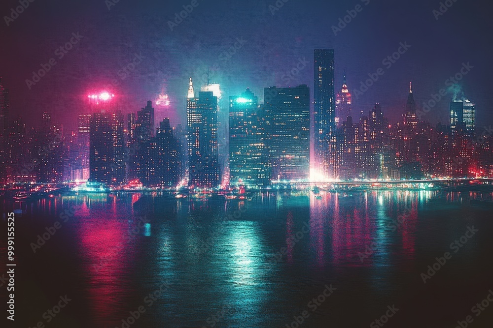 Vibrant city skyline at night with colorful lights reflecting on the water Vibrant city skyline at night with colorful lights reflecting on the water