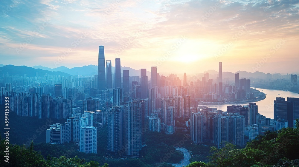 Sunrise Over Urban Skyline with River and Mountains Sunrise Over Urban Skyline with River and Mountains