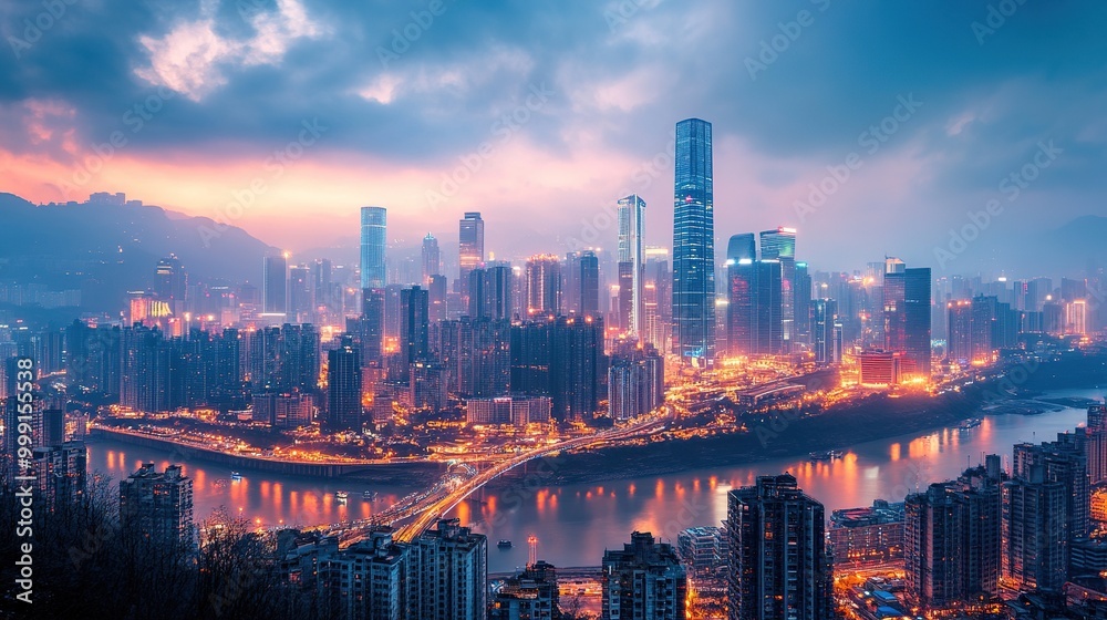 Fototapeta premium Vibrant City Skyline at Dusk Overlooking River