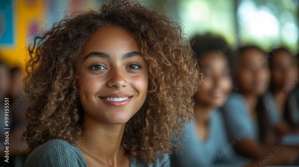 Smiling Young Woman in a Classroom Generative AI Smiling Young Woman in a Classroom Generative AI