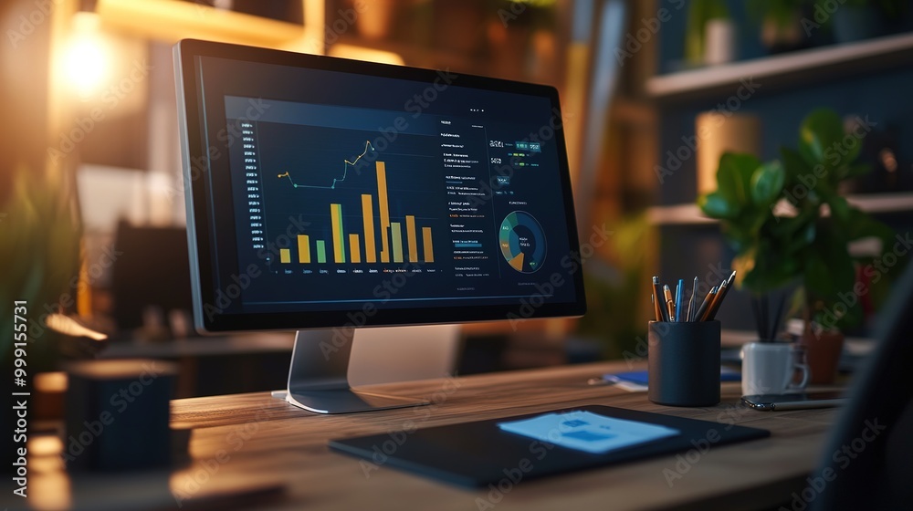 Modern Workspace with Data Analytics Display Modern Workspace with Data Analytics Display
