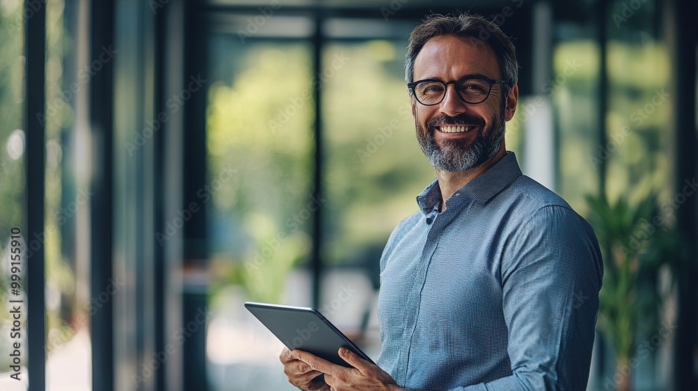 Confident Businessman with Tablet in Modern Office
