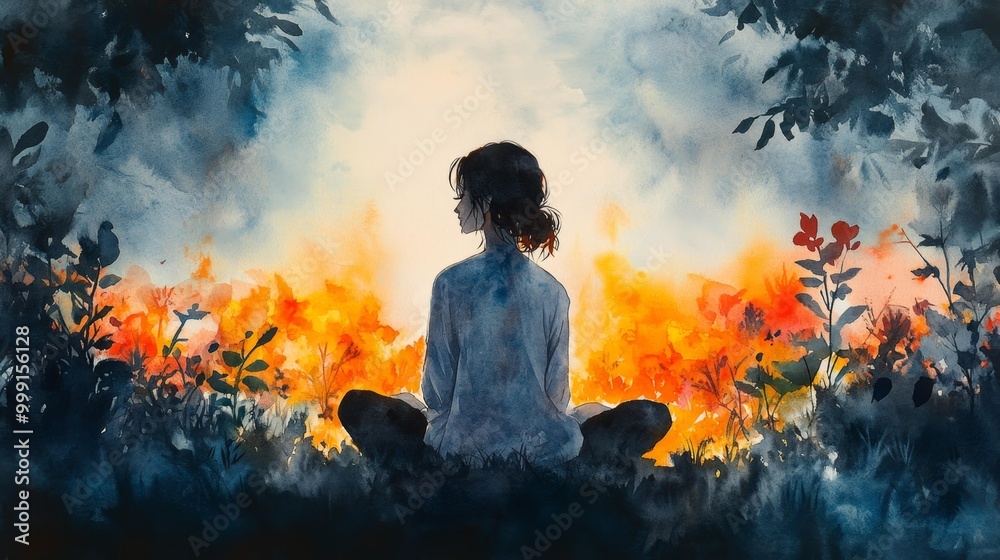 Obraz premium Meditative Woman in Nature at Sunrise Generative AI