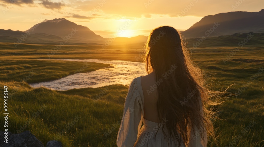 Serene sunset landscape with woman gazing at the view Serene sunset landscape with woman gazing at the view