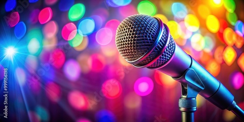 Close-up karaoke microphone with vibrant backdrop, ideal for sing-along entertainment , karaoke, microphone, close-up photo