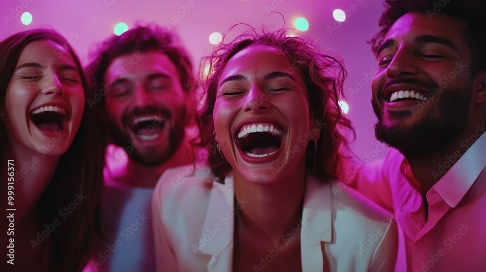 Joyful Friends Laughing Together in Vibrant Setting Joyful Friends Laughing Together in Vibrant Setting