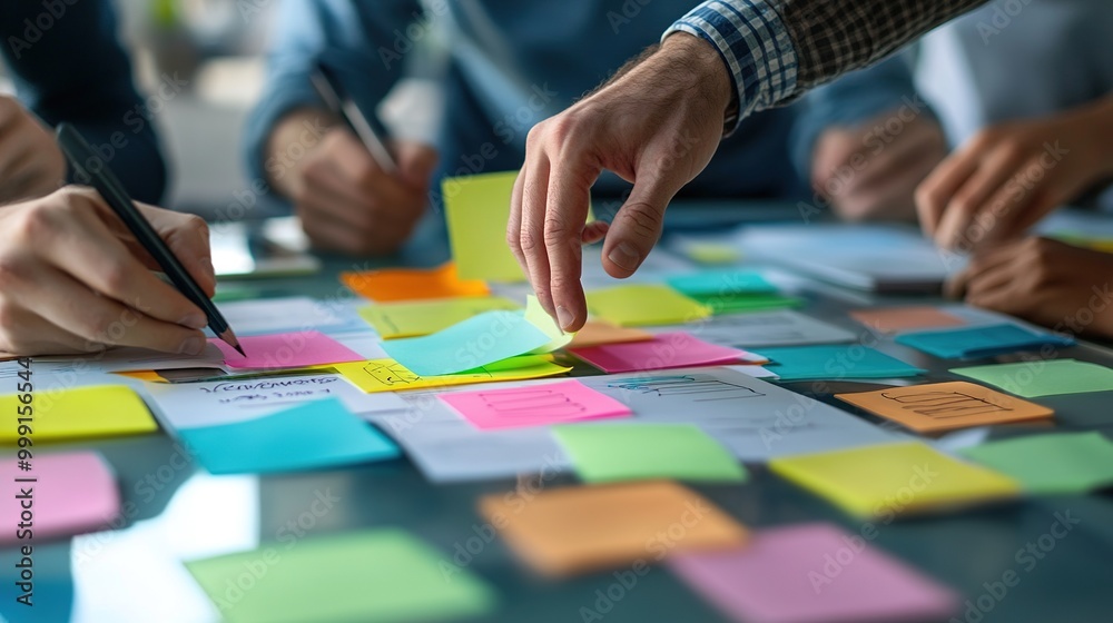 Obraz premium Collaborative Workspace with Colorful Sticky Notes