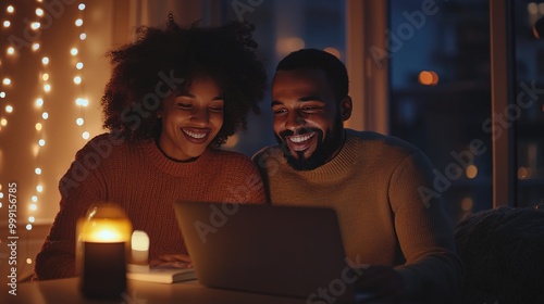 Cozy Evening with Happy Couple in Front of Laptop