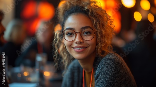 Smiling Young Woman with Curly Hair and Glasses Warm Ambient Lighting Generative AI