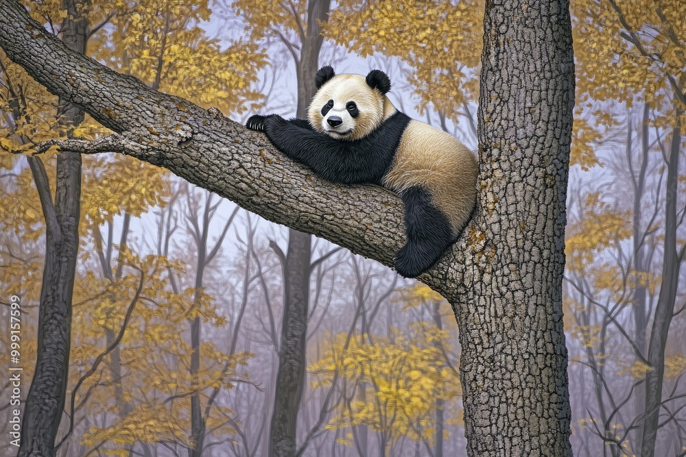 Obraz premium A peaceful giant rests on a tree branch surrounded by golden autumn leaves in a serene forest setting