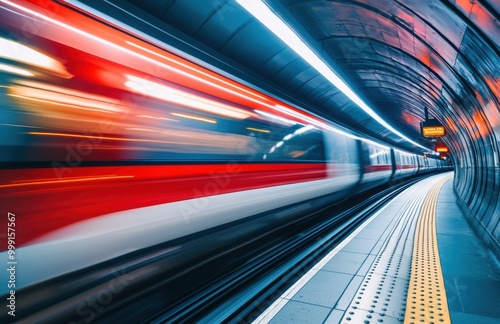 A subway train streaks through the cityscape in a long exposure image, reflecting dynamic movement and contemporary transit.