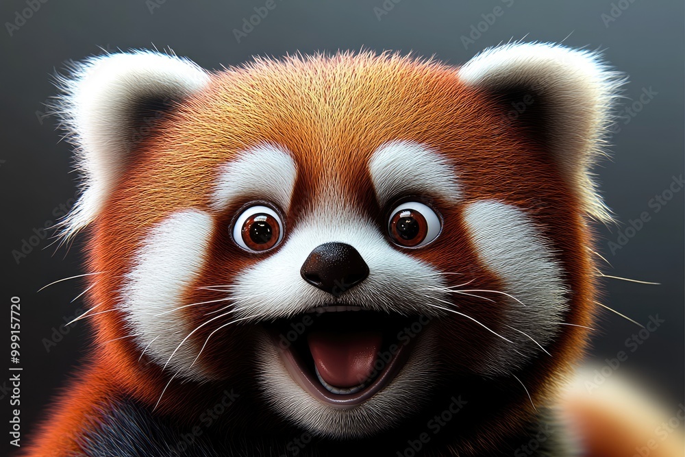 Obraz premium A cheerful red panda expresses joy in a close-up view, showcasing vibrant fur patterns and sparkling eyes in a captivating portrait set against a soft background