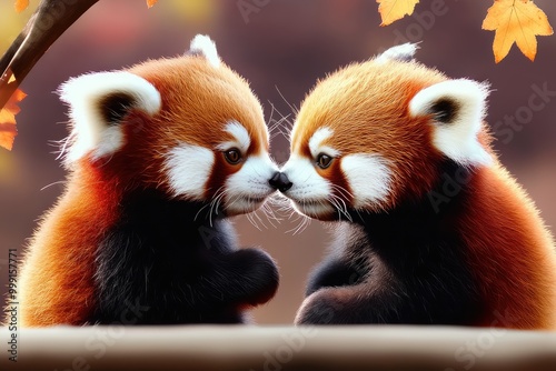 Two adorable red pandas sharing a tender moment in autumn leaves, showcasing their playful nature and curiosity in a serene forest setting