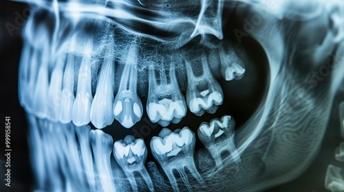 Dental Examination Concept: X-ray Illustration of Teeth for Wisdom Tooth Growth and Root Canal Evaluation photo