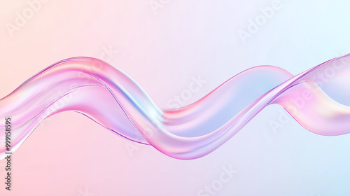 3d abstract liquid glass transparent clear ribbon wave line render. Rainbow fluid flow curve shape with dispersion light, holographic gradient texture. Flying glossy design element. 3D Illustration.