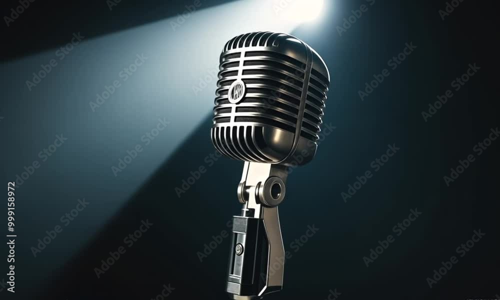 a classic microphone in a dark room decorated only with a spotlight