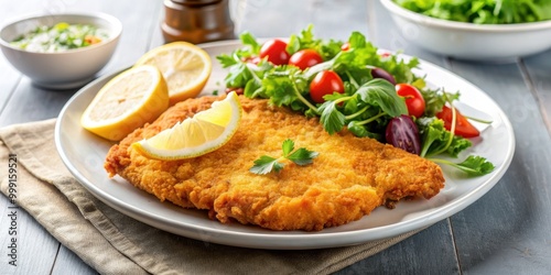 Delicious golden crispy air fryer chicken schnitzel served with a side salad on a white plate, air fryer, chicken, schnitzel, crispy