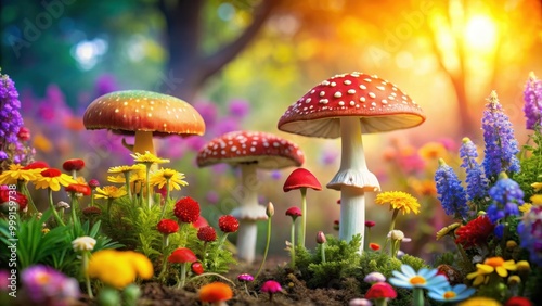 of colorful mushrooms surrounded by vibrant flowers, mushrooms, flowers, colorful,nature, whimsical, fantasy, botanical, wild