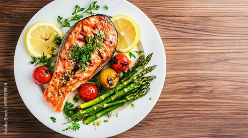 Served on a white plate on a wooden table, fried salmon steak with prepared green asparagus, cherry tomatoes, and lemon slices