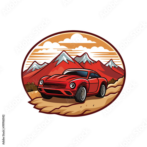 A red sports car driving on a dirt road, leaving a trail of dust behind it.