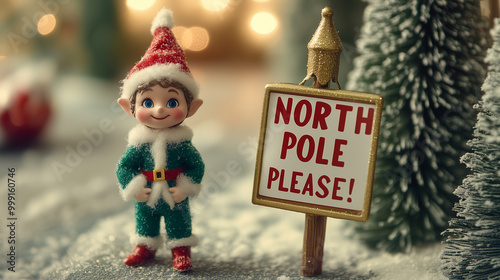 Whimsical elf with a 'North Pole Please!' sign hitchhiking on a snowy road, charming Christmas adventure