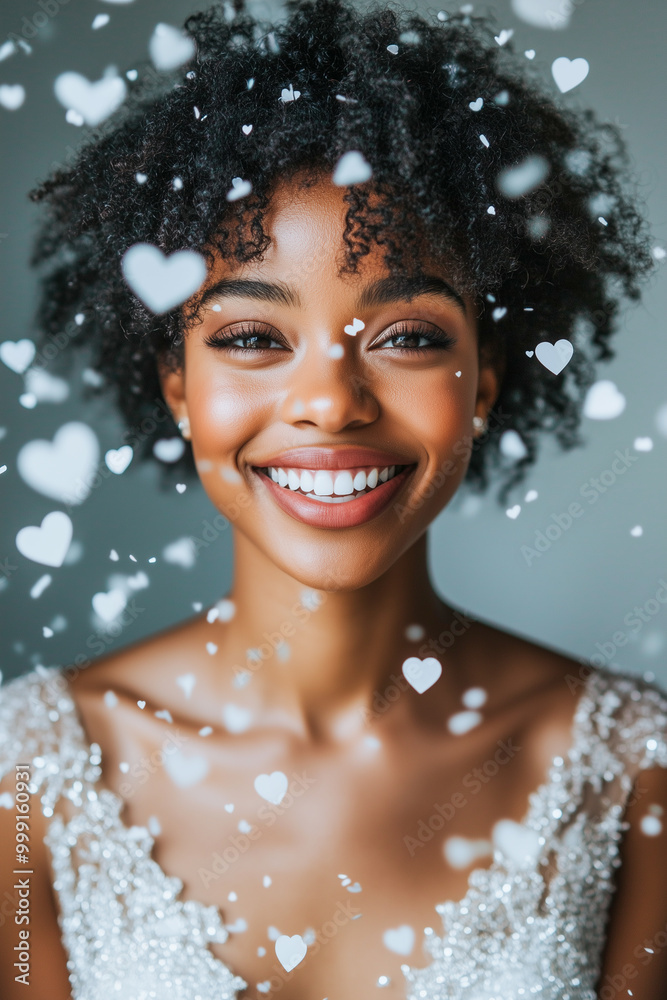 Beautiful bride in flowing gown as heart-shaped confetti rains down, capturing a fairytale wedding moment Beautiful bride in flowing gown as heart-shaped confetti rains down, capturing a fairytale wedding moment
