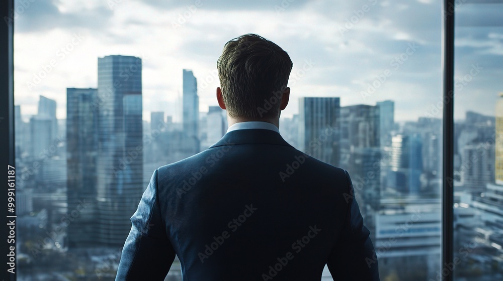 Businessman Overlooking City Skyline from Office Window Businessman Overlooking City Skyline from Office Window