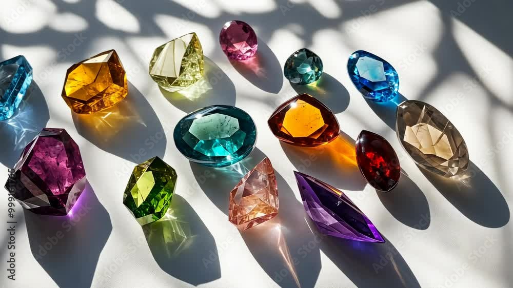 A collection of colorful gemstones arranged on a white surface, casting shadows from sunlight