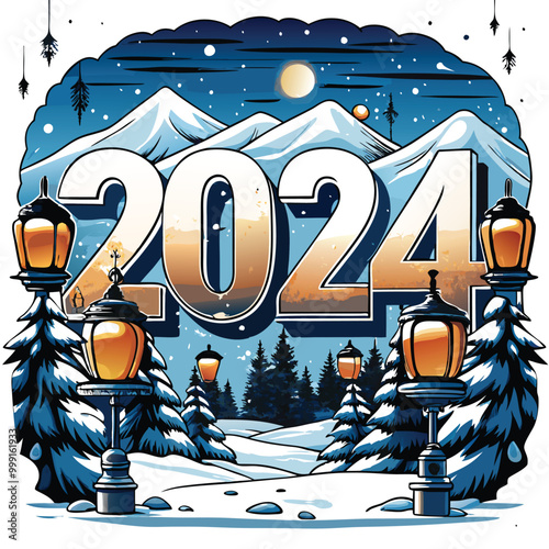 A snowy, wintery landscape with glowing lanterns, mountains, and trees, with 2024 in the foreground.