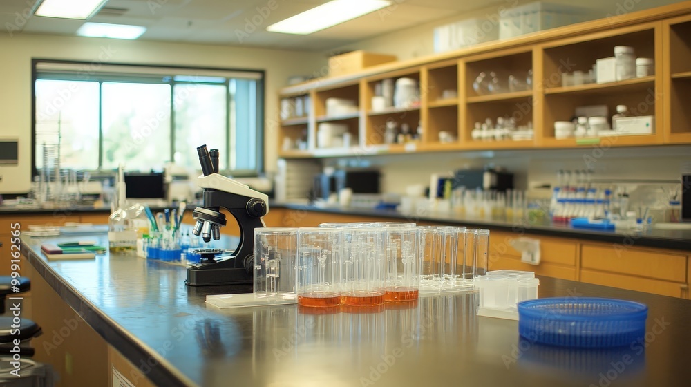 A biology lab filled with equipment like microscopes, petri dishes, and beakers, where students perform experiments on cells and organisms. A biology lab filled with equipment like microscopes, petri dishes, and beakers, where students perform experiments on cells and organisms.