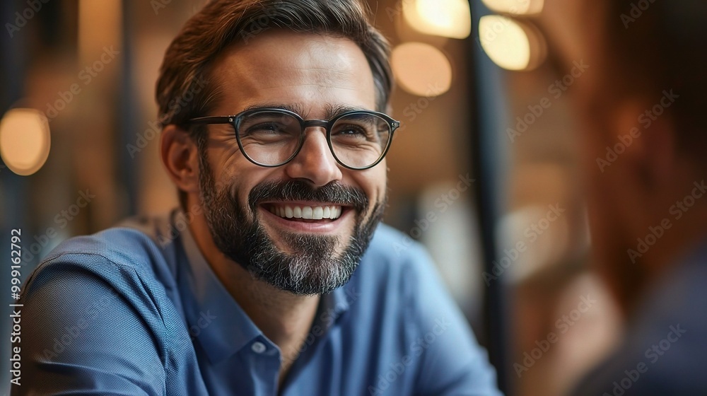 Smiling man in blue shirt at cafe with warm ambiance Smiling man in blue shirt at cafe with warm ambiance