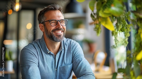 Smiling Man Enjoying a Relaxing Moment in Café